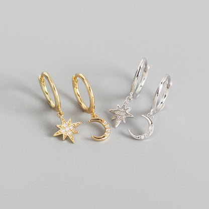 Women's Sterling Sier Geometric Star Moon Diamond Earrings