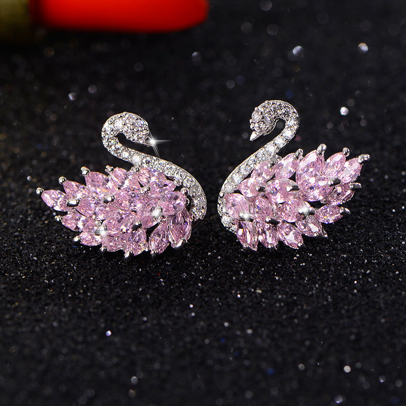 Sier Needle Small Black Swan Korean Style Crystal Earrings