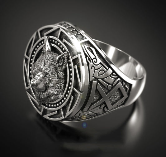Men's Retro Wolf Totem Marcasite Nordic Myth Viking Rings