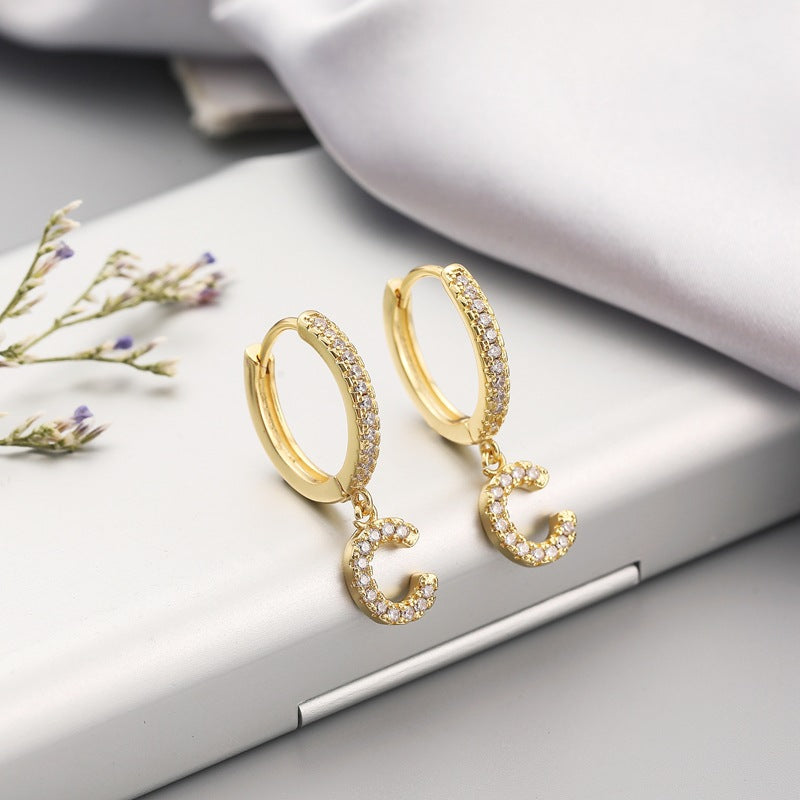 Letters Full Diamond Zircon Gold Plated Earrings