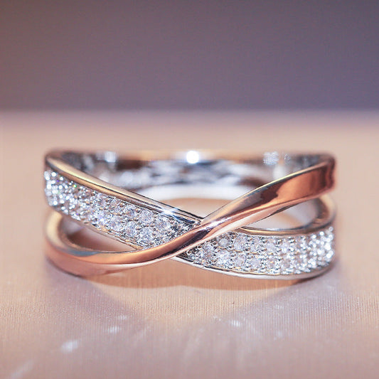 Women's Simple Personality X-shaped Two-color Zircon Copper Rings