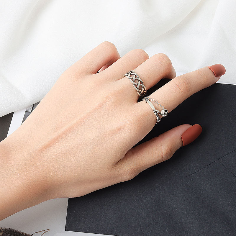 Women's Compiled Thai Sier Fashion Chain Bamboo Ball Smiley Rings