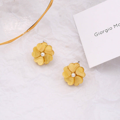 Women's Fresh Yellow Series Pearl Tassel Beautiful Flowers Earrings