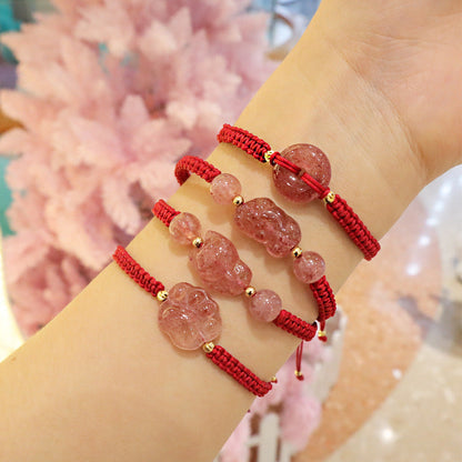 Women's Natural Strawberry Quartz Ornament Matching Peace Bracelets