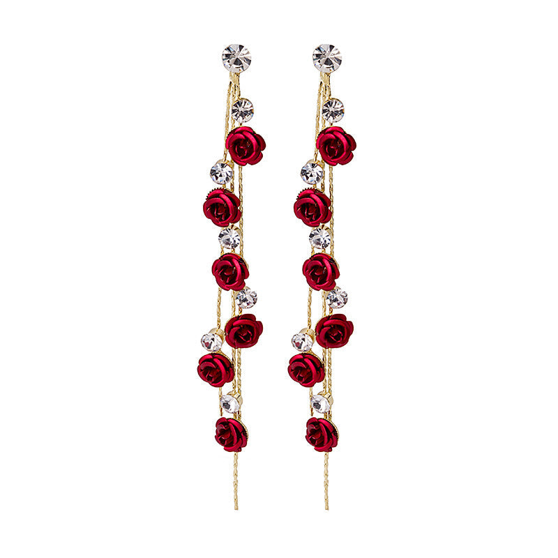 Elegant Sier Needle Rose Tassel Long Earrings