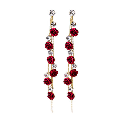 Elegant Sier Needle Rose Tassel Long Earrings