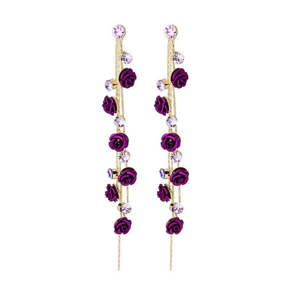 Elegant Sier Needle Rose Tassel Long Earrings