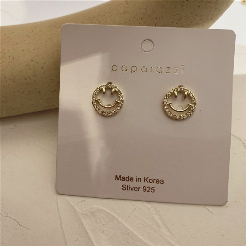 Zircon Smiling Face Smile Sier Needle Earrings