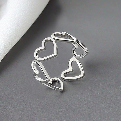 Korean Style Sier Heart-shaped Open Female Rings