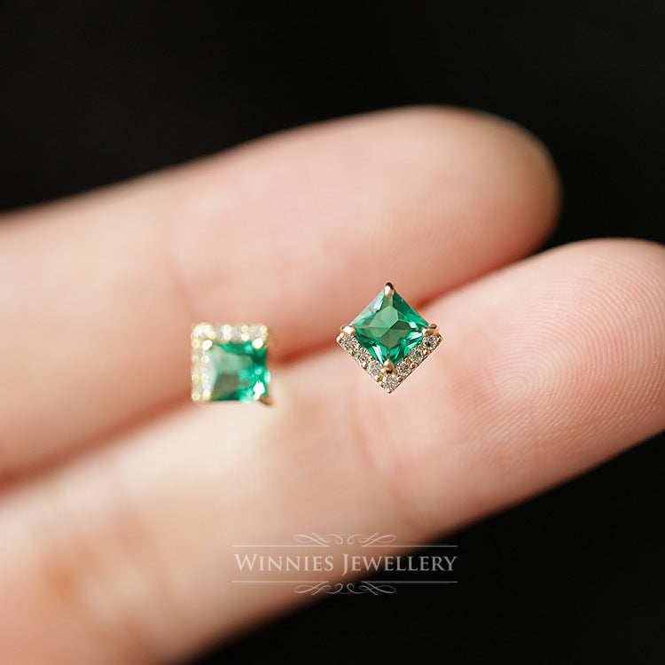 Women's Sier Plated Emerald Zirconium Diamond Princess Square Earrings