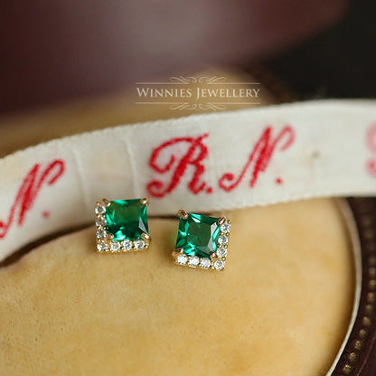 Women's Sier Plated Emerald Zirconium Diamond Princess Square Earrings