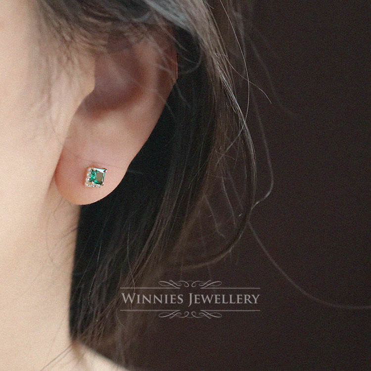 Women's Sier Plated Emerald Zirconium Diamond Princess Square Earrings