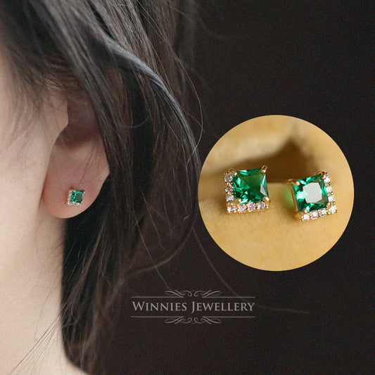 Women's Sier Plated Emerald Zirconium Diamond Princess Square Earrings