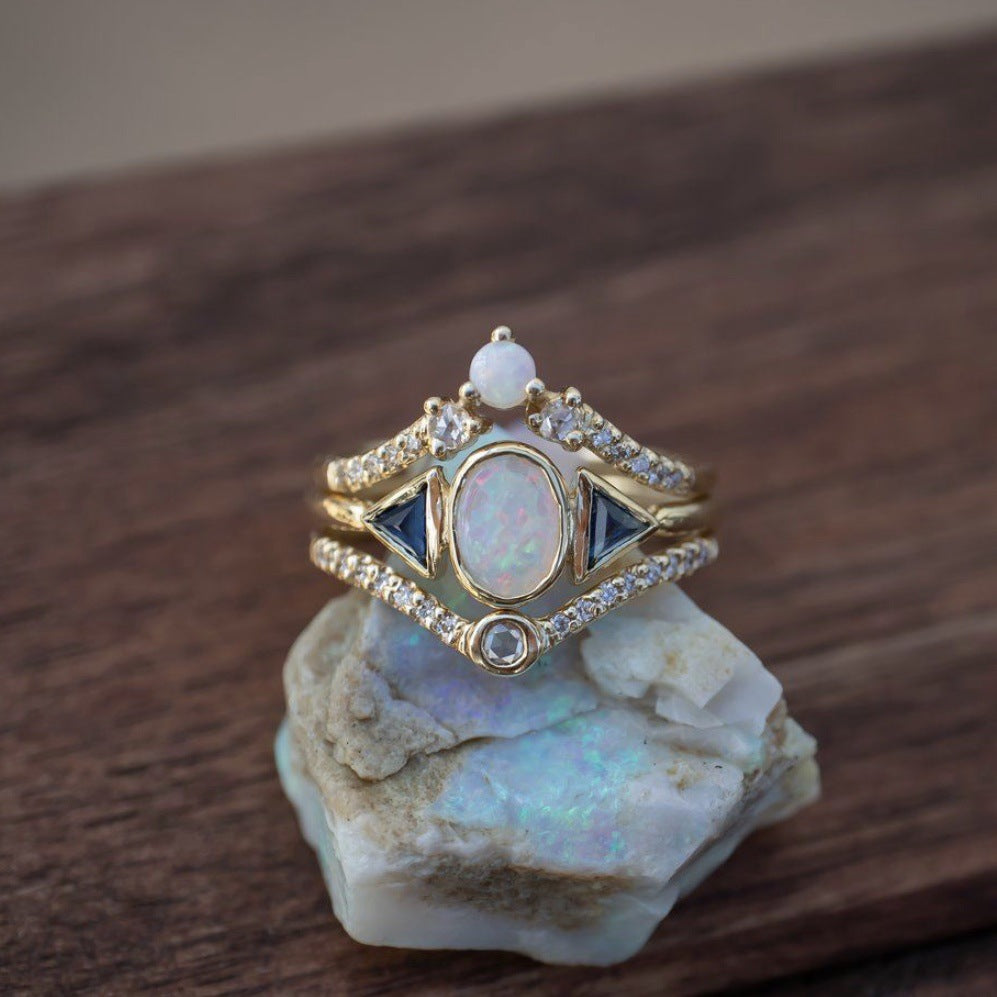 Women's Three-piece Alloy Opal Jewelry Fashion Holiday Rings