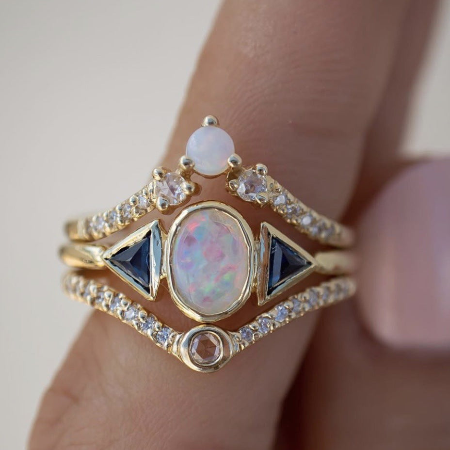 Women's Three-piece Alloy Opal Jewelry Fashion Holiday Rings