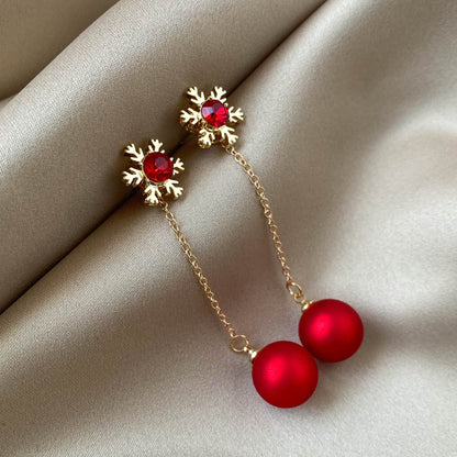 Christmas Snowflake Red Pearl Ear Personalized Long Eardrops Earrings
