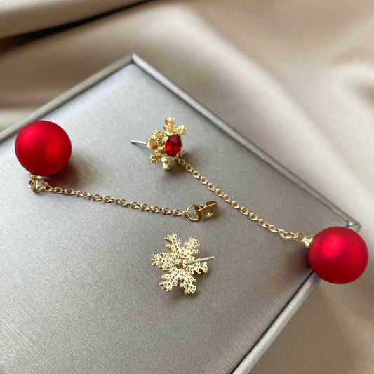 Christmas Snowflake Red Pearl Ear Personalized Long Eardrops Earrings