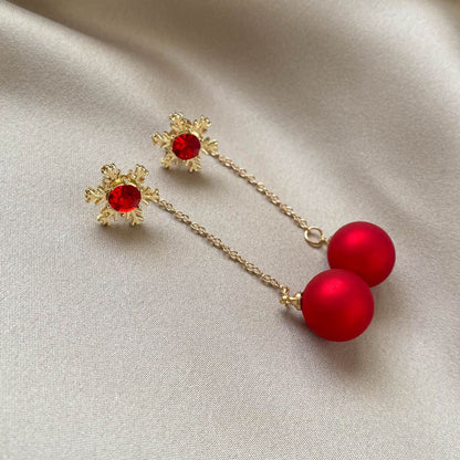 Christmas Snowflake Red Pearl Ear Personalized Long Eardrops Earrings