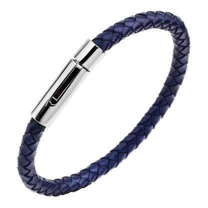 Men's Stainless Steel Button Cowhide Woven Wave Bracelets