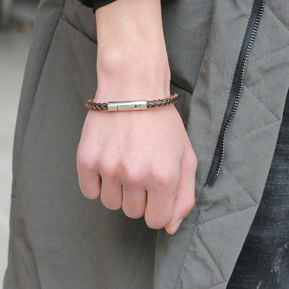 Men's Stainless Steel Button Cowhide Woven Wave Bracelets