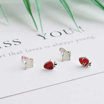Fashion Sier Little Bunny Carrot Asymmetric Earrings