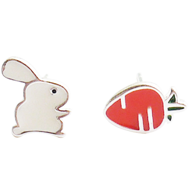 Fashion Sier Little Bunny Carrot Asymmetric Earrings