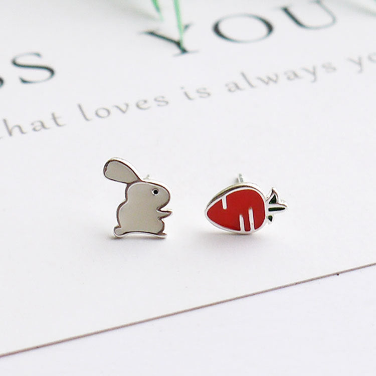Fashion Sier Little Bunny Carrot Asymmetric Earrings