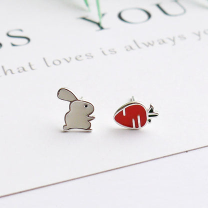 Fashion Sier Little Bunny Carrot Asymmetric Earrings