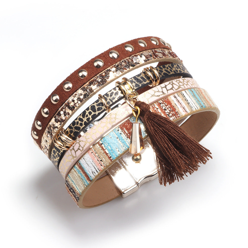 Women's Tassel Leather Personality Widened Magnetic Snap Bracelets