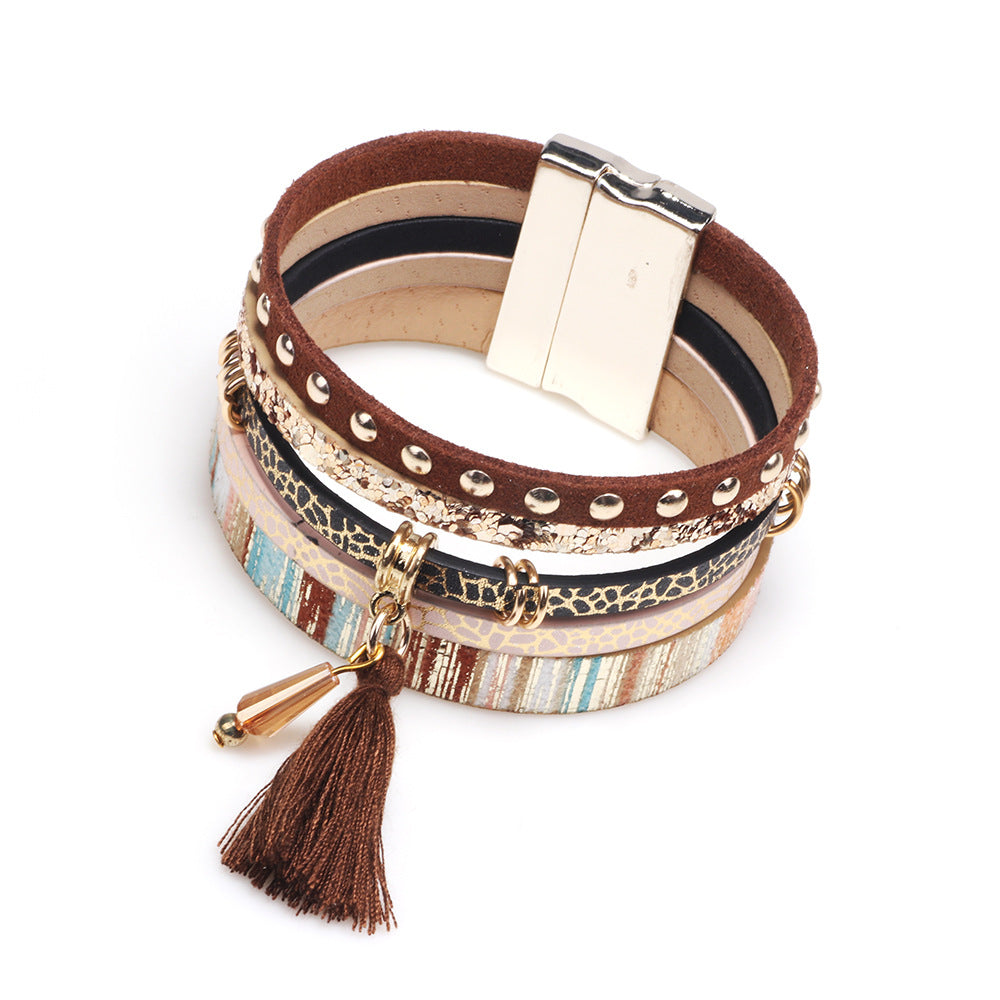 Women's Tassel Leather Personality Widened Magnetic Snap Bracelets