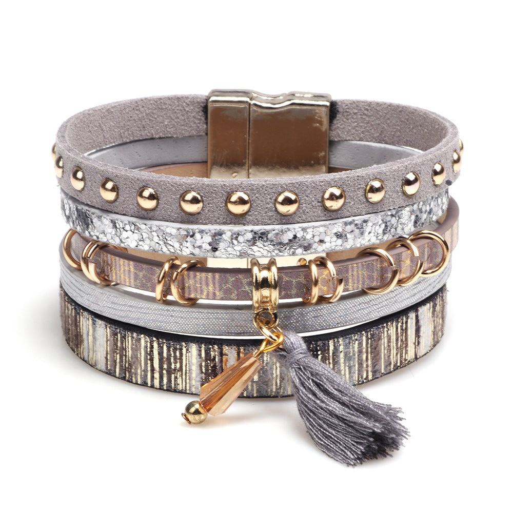 Women's Tassel Leather Personality Widened Magnetic Snap Bracelets