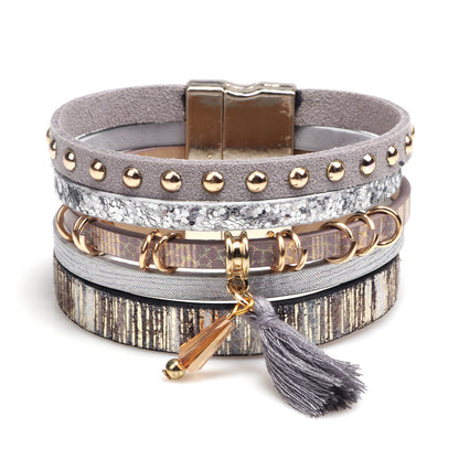 Women's Tassel Leather Personality Widened Magnetic Snap Bracelets