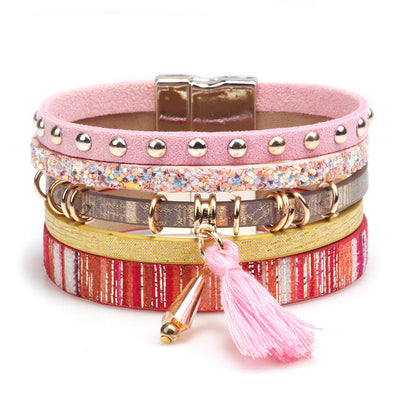 Women's Tassel Leather Personality Widened Magnetic Snap Bracelets
