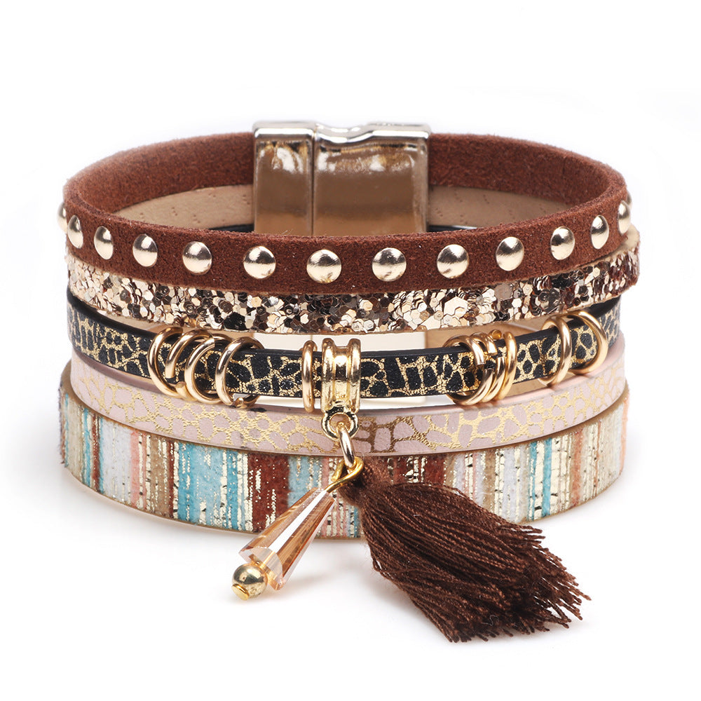 Women's Tassel Leather Personality Widened Magnetic Snap Bracelets