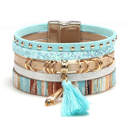 Women's Tassel Leather Personality Widened Magnetic Snap Bracelets