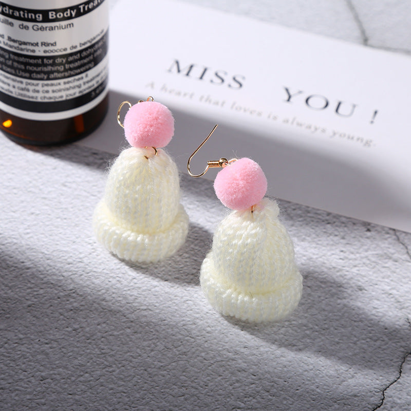 Christmas Creative Ear Cute Wool Fur Ball Knitted Hat Earrings