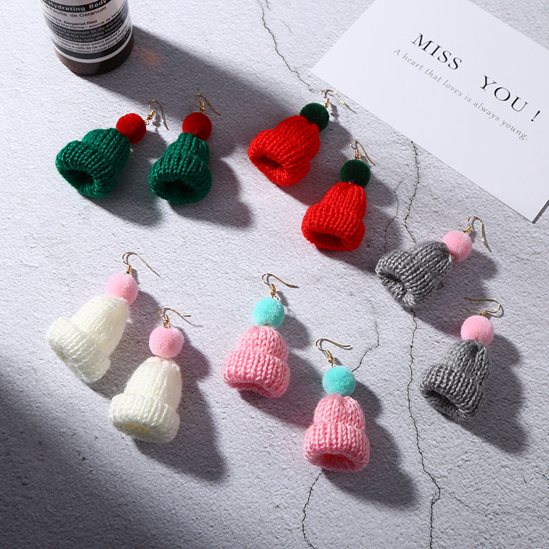 Christmas Creative Ear Cute Wool Fur Ball Knitted Hat Earrings