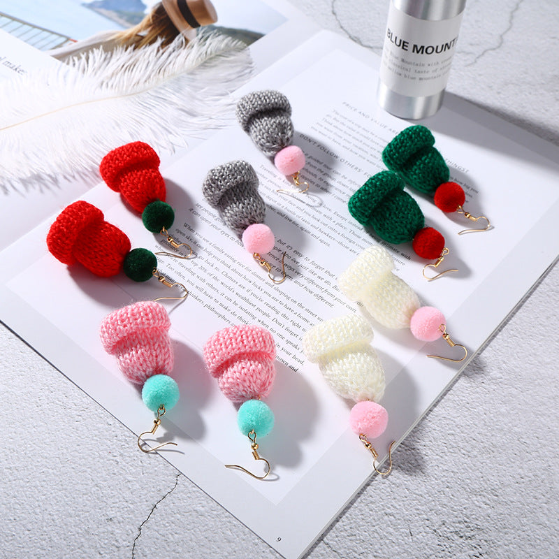 Christmas Creative Ear Cute Wool Fur Ball Knitted Hat Earrings