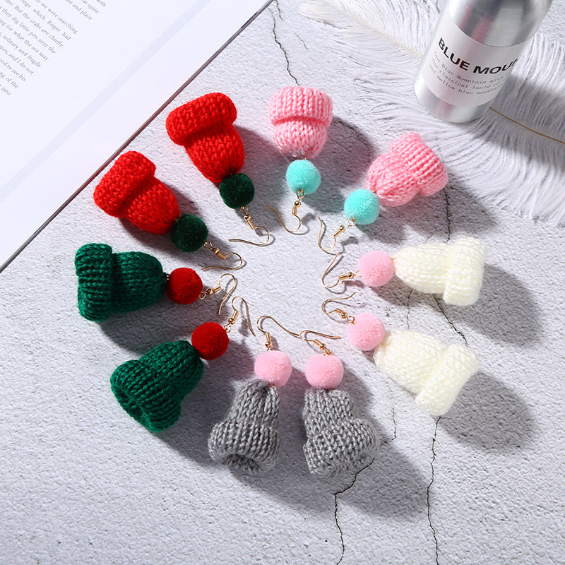 Christmas Creative Ear Cute Wool Fur Ball Knitted Hat Earrings