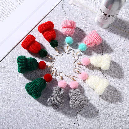 Christmas Creative Ear Cute Wool Fur Ball Knitted Hat Earrings