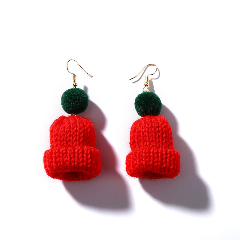 Christmas Creative Ear Cute Wool Fur Ball Knitted Hat Earrings
