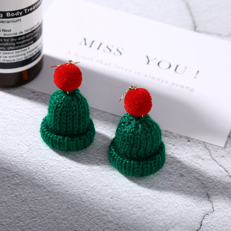 Christmas Creative Ear Cute Wool Fur Ball Knitted Hat Earrings