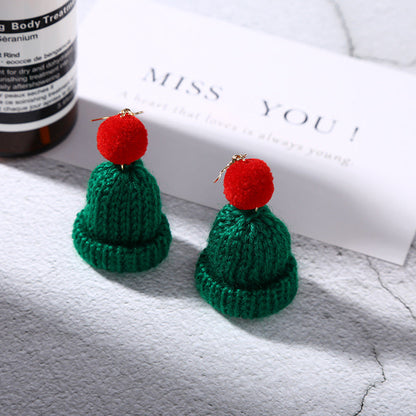 Christmas Creative Ear Cute Wool Fur Ball Knitted Hat Earrings
