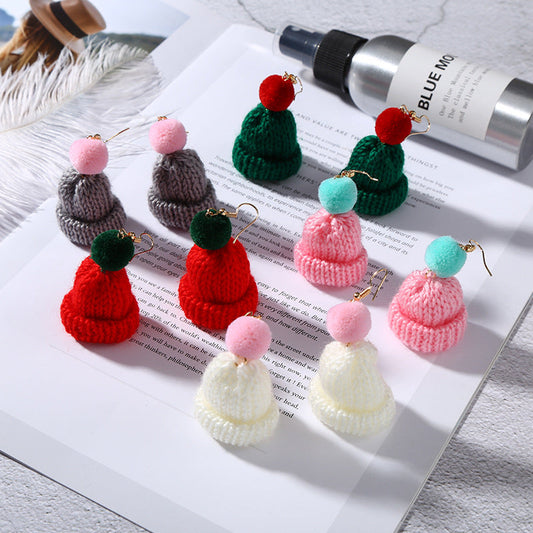 Christmas Creative Ear Cute Wool Fur Ball Knitted Hat Earrings