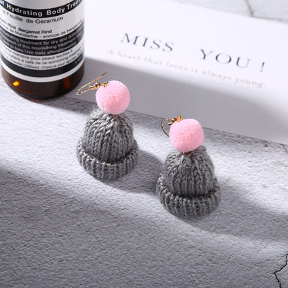 Christmas Creative Ear Cute Wool Fur Ball Knitted Hat Earrings