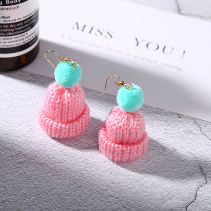 Christmas Creative Ear Cute Wool Fur Ball Knitted Hat Earrings