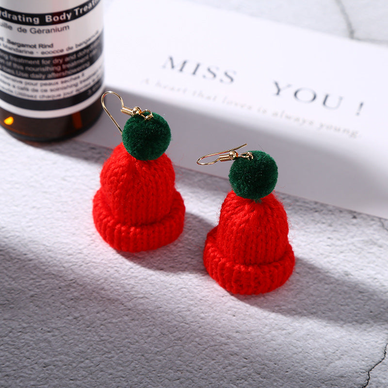 Christmas Creative Ear Cute Wool Fur Ball Knitted Hat Earrings