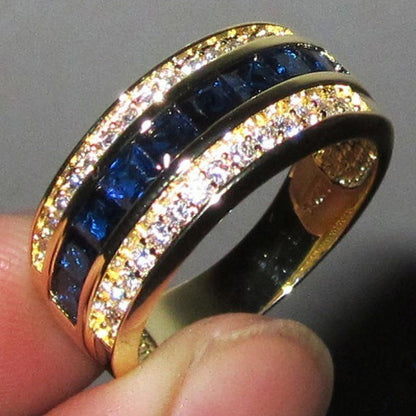 Men's Diamond Sapphire Square Gold Plated Rhinestone Rings