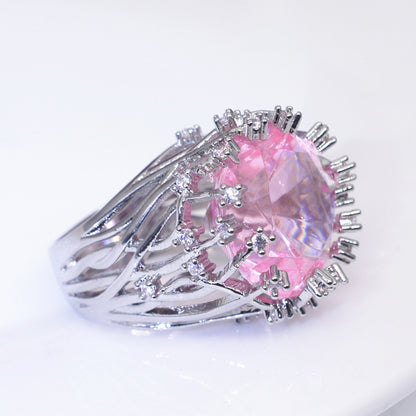 Inlaid Pink Crystal Female Creative Exaggerating Rings