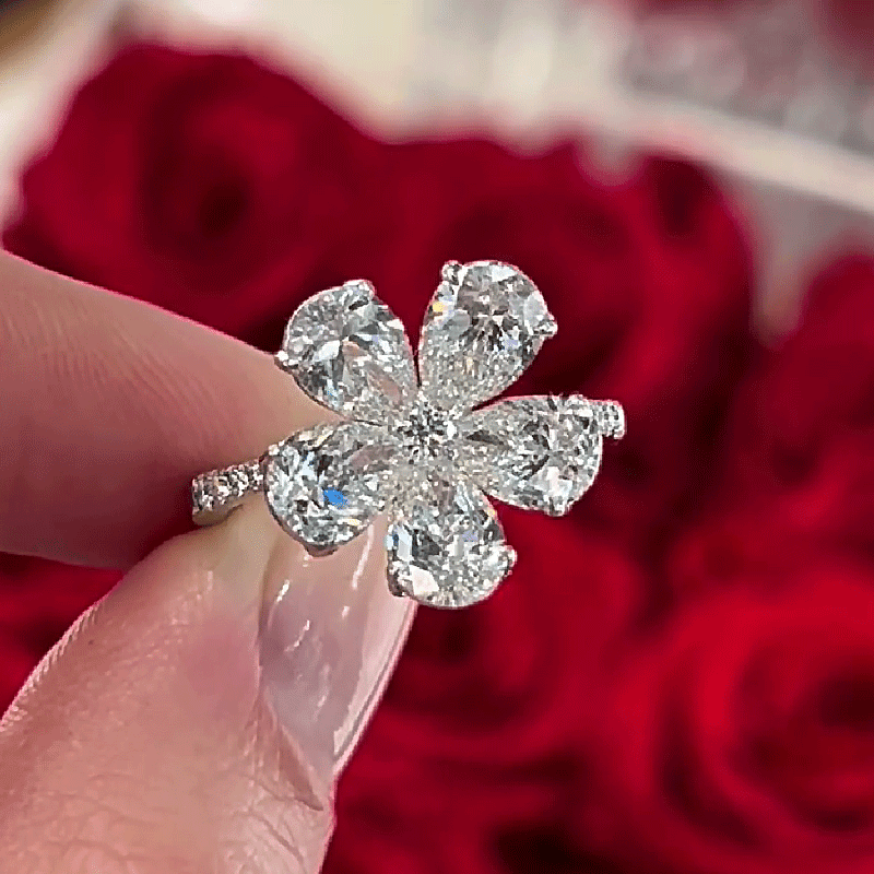 White Sapphire Pear Cut Diamond Flower Silver Ring-Miusejewelry